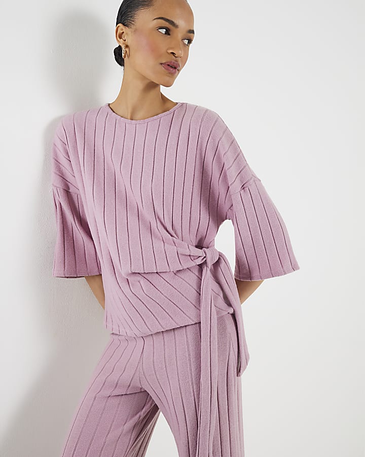 Pink Short Sleeve Cosy Ribbed Knot Side Top