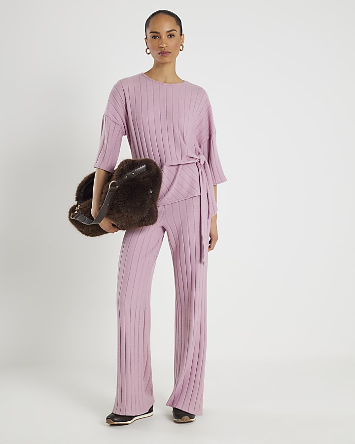 Pink Short Sleeve Cosy Ribbed Knot Side Top