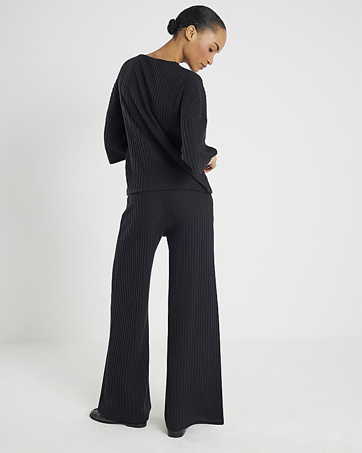 Black Cosy Ribbed Wide Leg Trousers