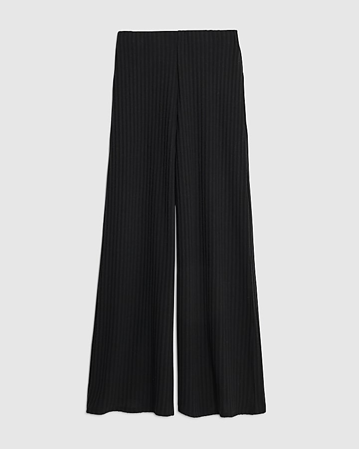 Black Cosy Ribbed Wide Leg Trousers