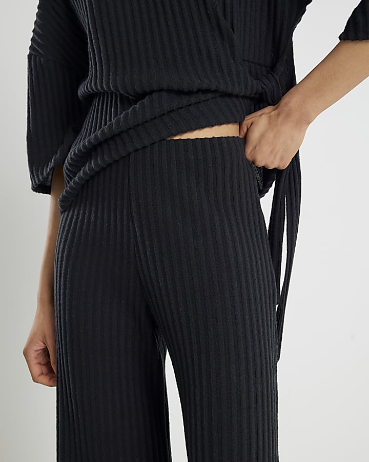 Black Cosy Ribbed Wide Leg Trousers