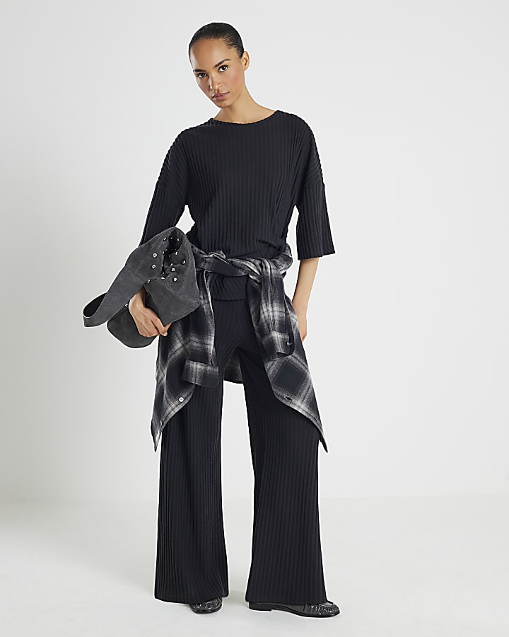 Black Cosy Ribbed Wide Leg Trousers