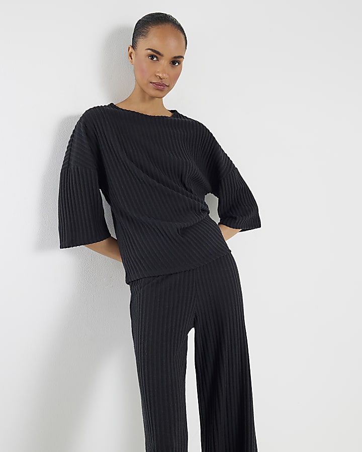Black Cosy Ribbed Wide Leg Trousers
