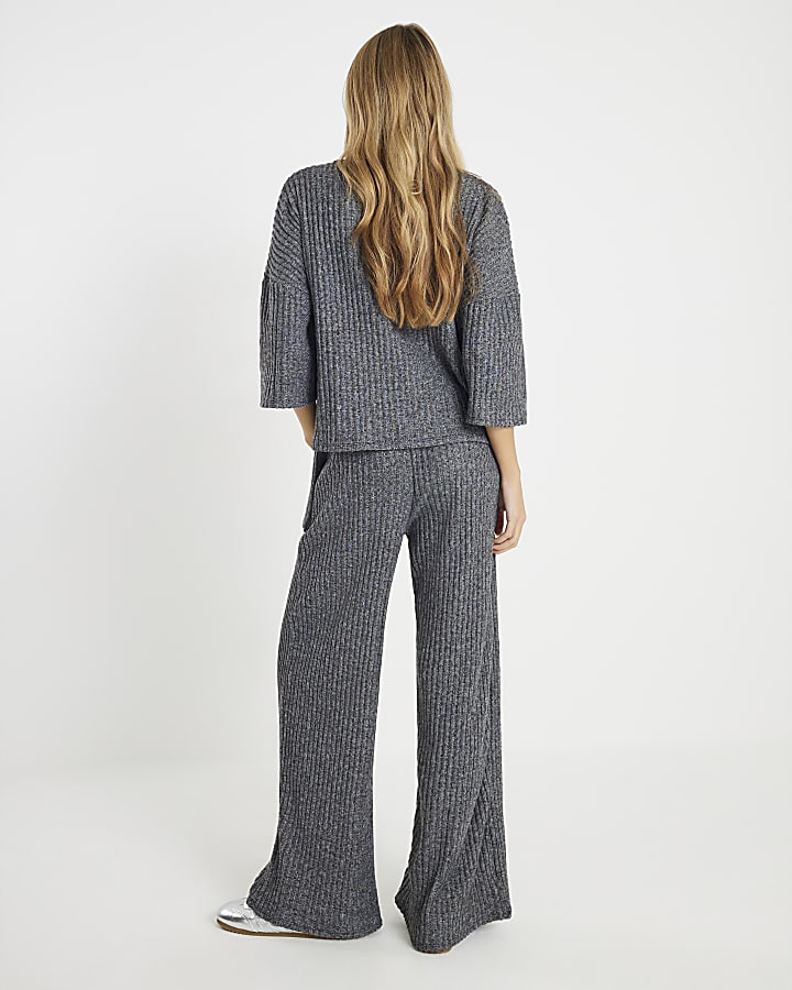 Grey Cosy Ribbed Wide Leg Trousers
