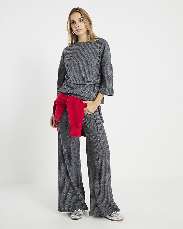 Grey Cosy Ribbed Wide Leg Trousers