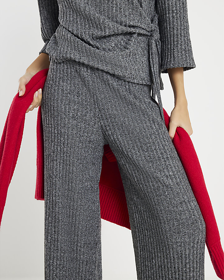 Grey Cosy Ribbed Wide Leg Trousers