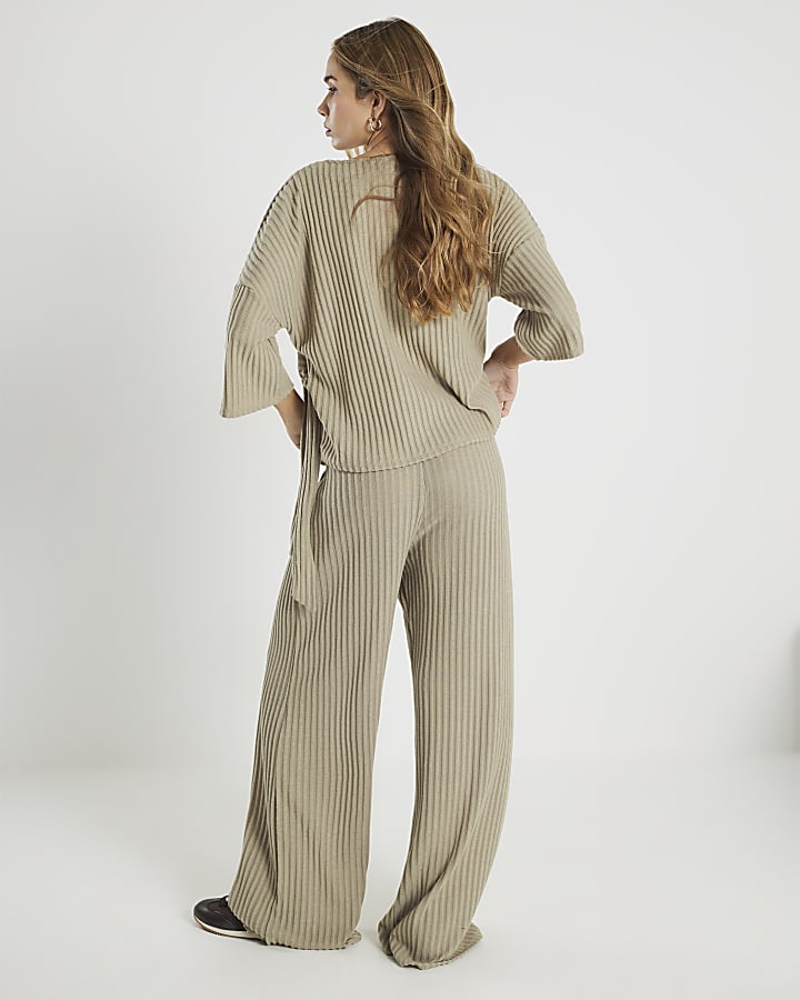 Khaki Cosy Ribbed Wide Leg Trousers
