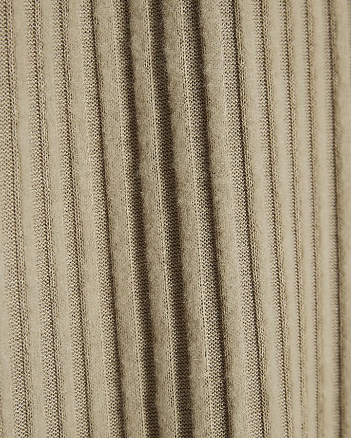 Khaki Cosy Ribbed Wide Leg Trousers