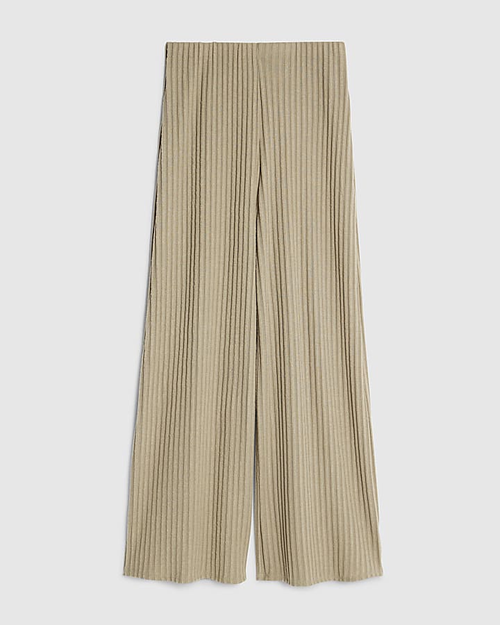 Khaki Cosy Ribbed Wide Leg Trousers