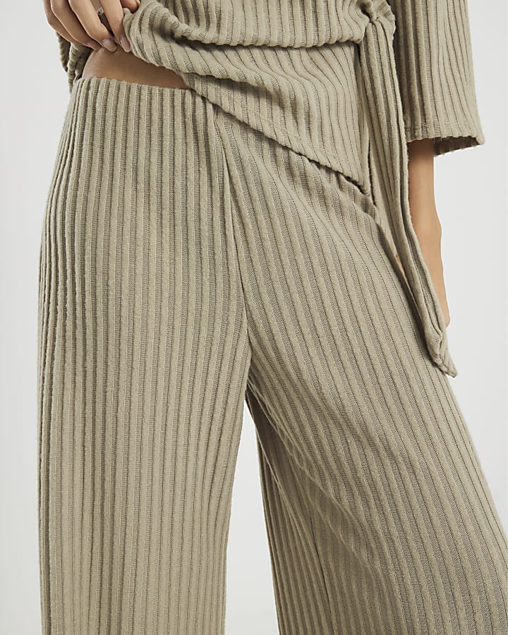 Khaki Cosy Ribbed Wide Leg Trousers
