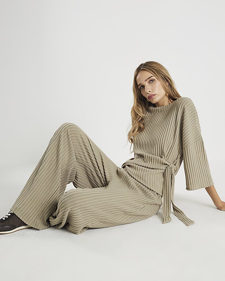 Khaki Cosy Ribbed Wide Leg Trousers