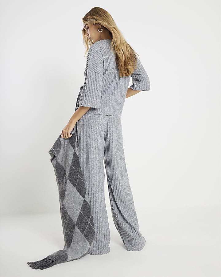 Grey Cosy Ribbed Wide Leg Trousers