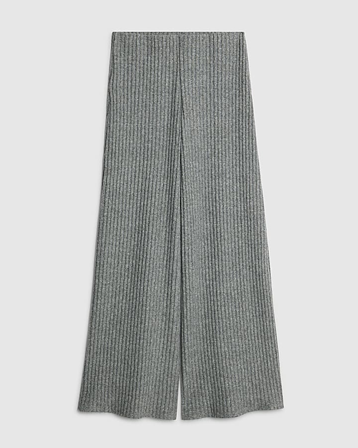 Grey Cosy Ribbed Wide Leg Trousers