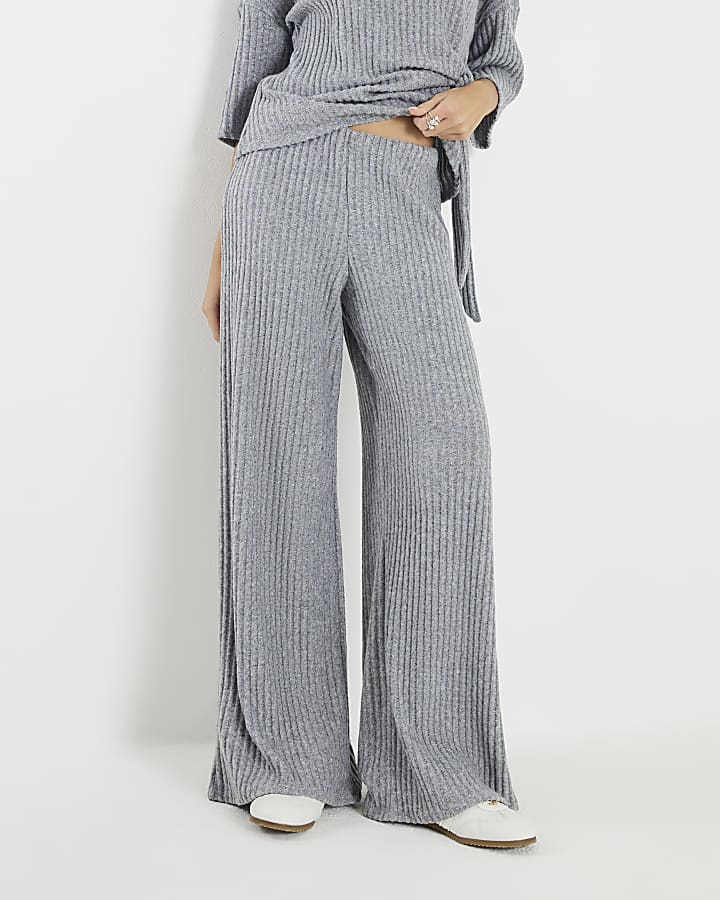 Grey Cosy Ribbed Wide Leg Trousers