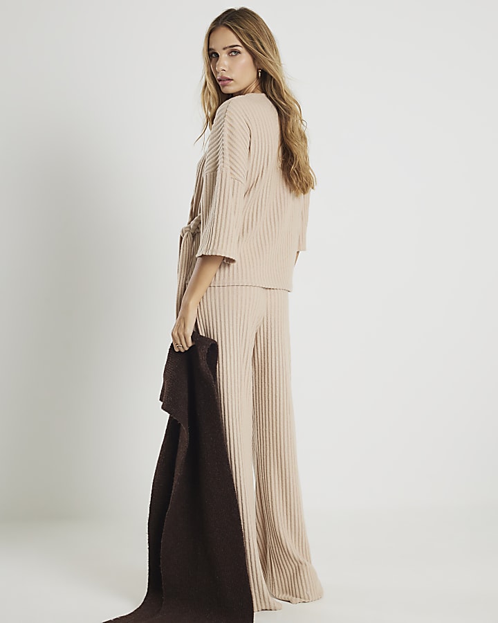 Beige Cosy Ribbed Wide Leg Trousers