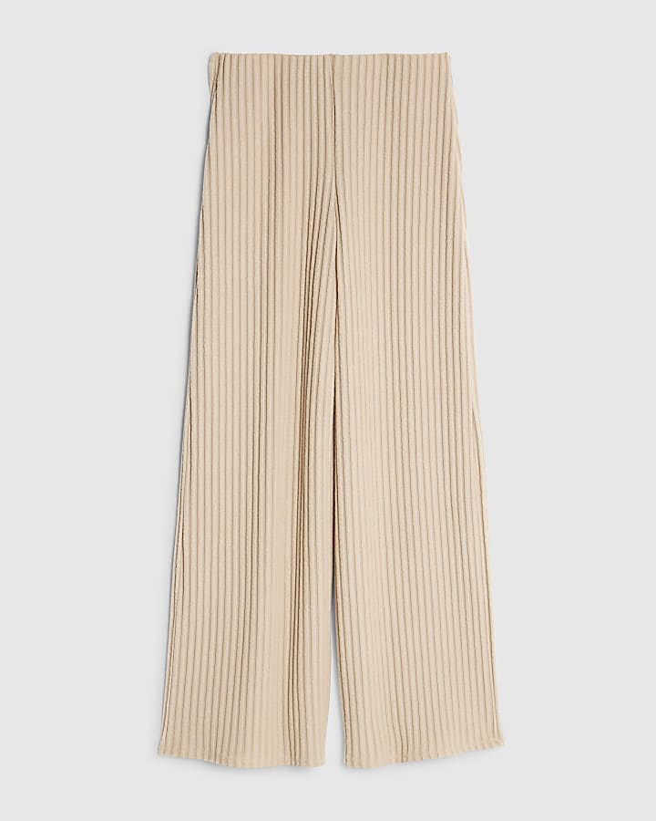 Beige Cosy Ribbed Wide Leg Trousers