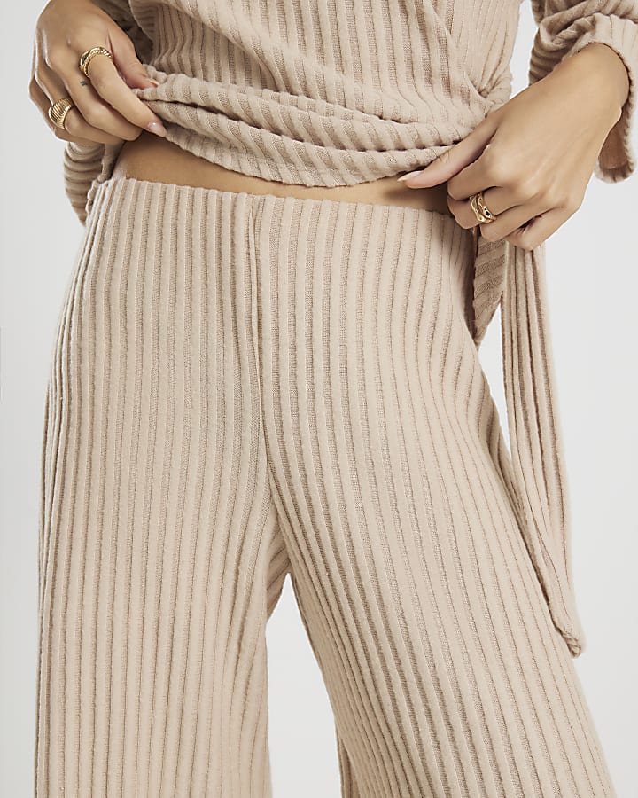 Beige Cosy Ribbed Wide Leg Trousers