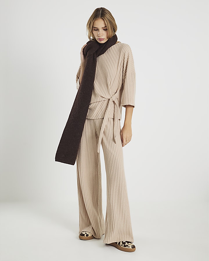 Beige Cosy Ribbed Wide Leg Trousers
