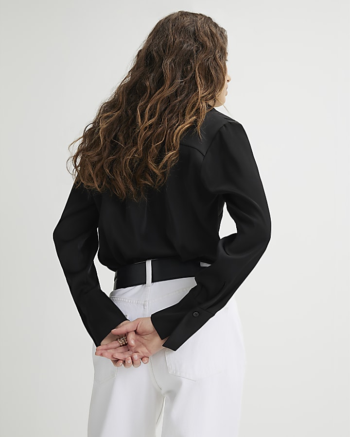 Black Satin Long Sleeve Slim Fit Shirt