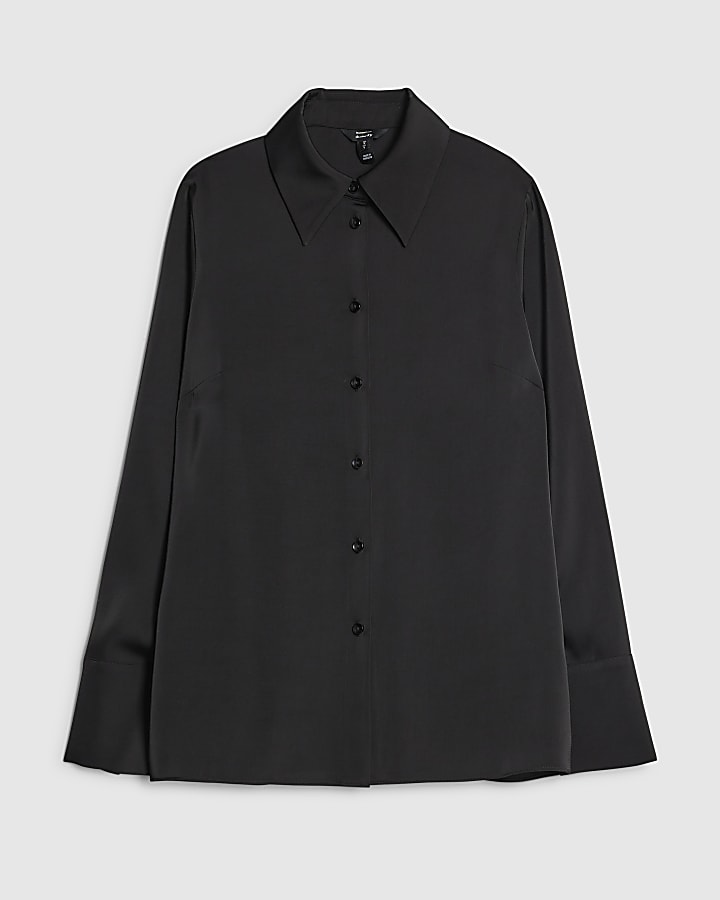 Black Satin Long Sleeve Slim Fit Shirt