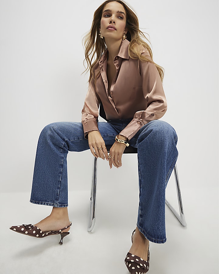 Brown Satin Slim Fit Long Sleeve Shirt