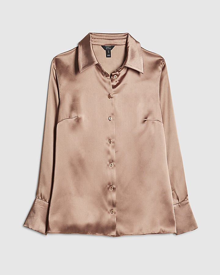 Brown Satin Slim Fit Long Sleeve Shirt