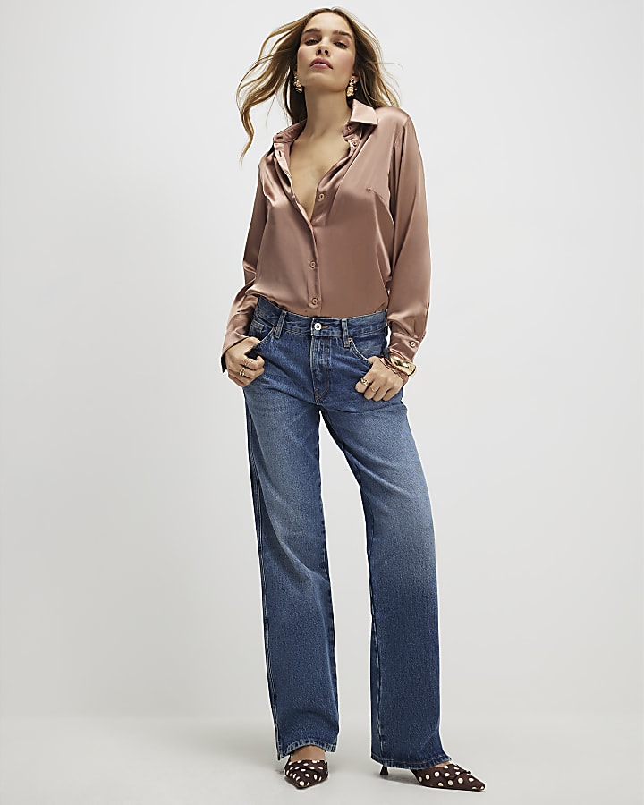 Brown Satin Slim Fit Long Sleeve Shirt