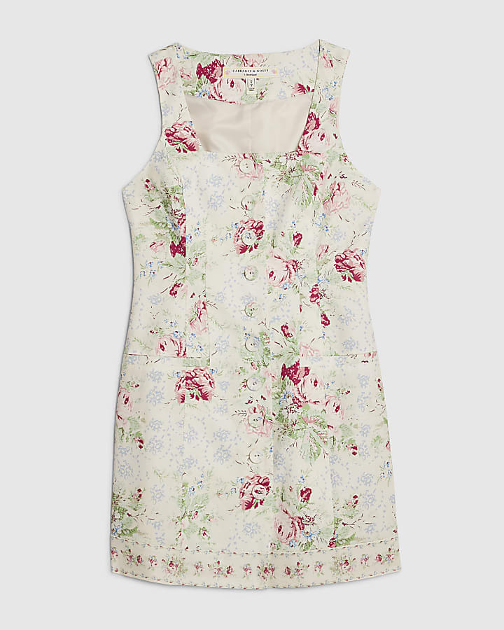 White Floral Square Neck Shift Mini Dress
