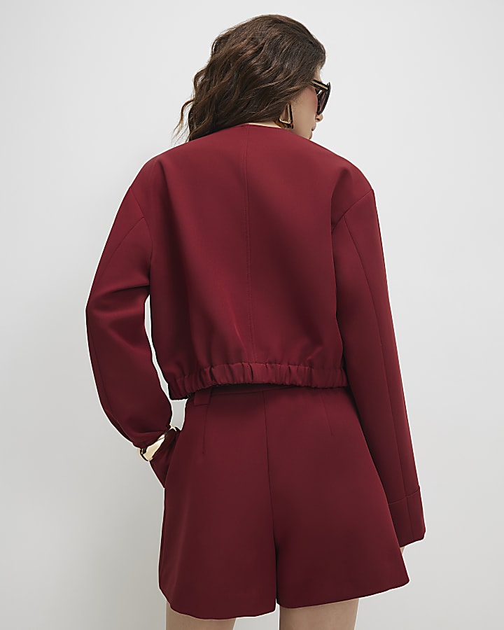 Red Long Sleeve Pocket Detail Bomber Jacket