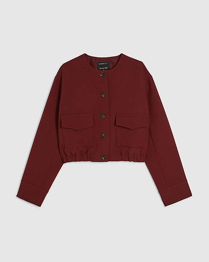 Red Long Sleeve Pocket Detail Bomber Jacket