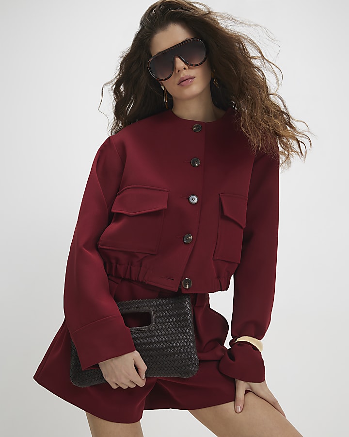 Red Long Sleeve Pocket Detail Bomber Jacket