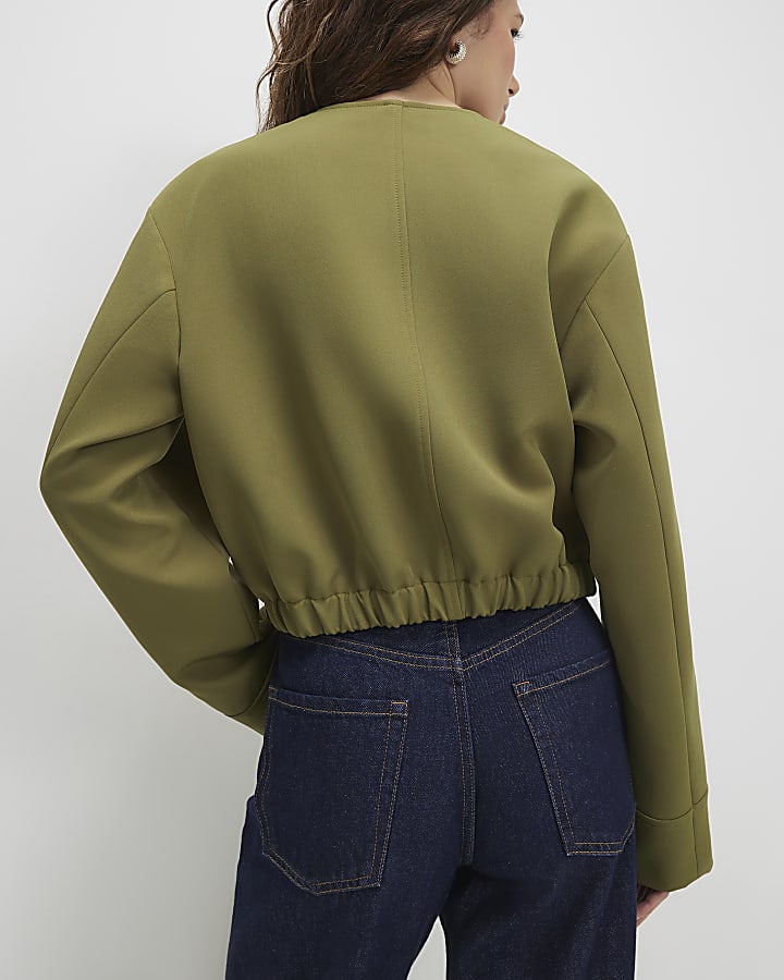 Khaki Long Sleeve Pocket Detail Bomber Jacket