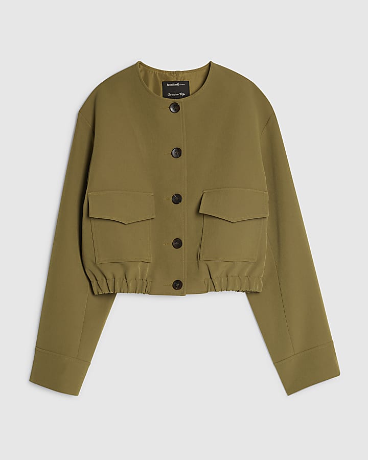 Khaki Long Sleeve Pocket Detail Bomber Jacket