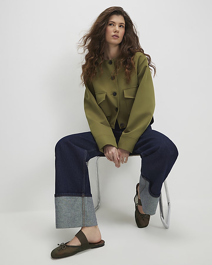 Khaki Long Sleeve Pocket Detail Bomber Jacket