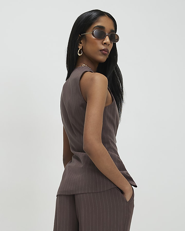 Brown Striped Soft Tie Front Top