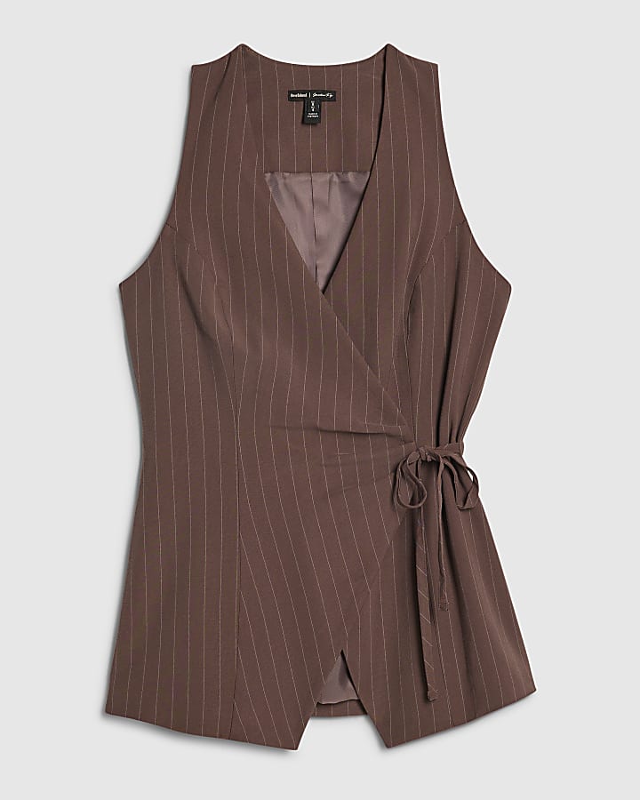 Brown Striped Soft Tie Front Top