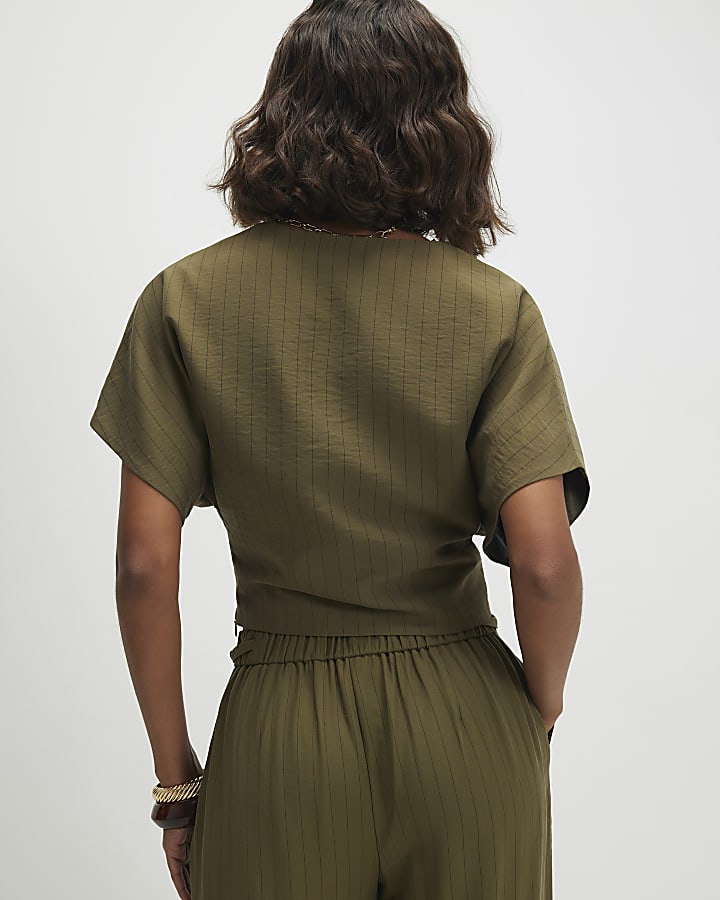 Green Stripe Knot Front Tailored Top