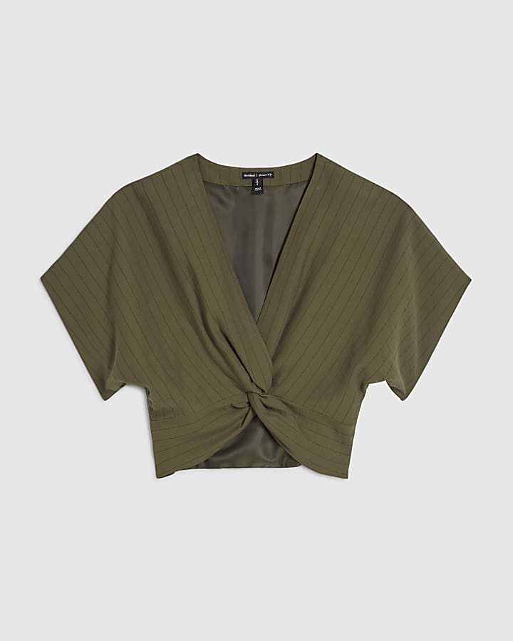 Green Stripe Knot Front Tailored Top
