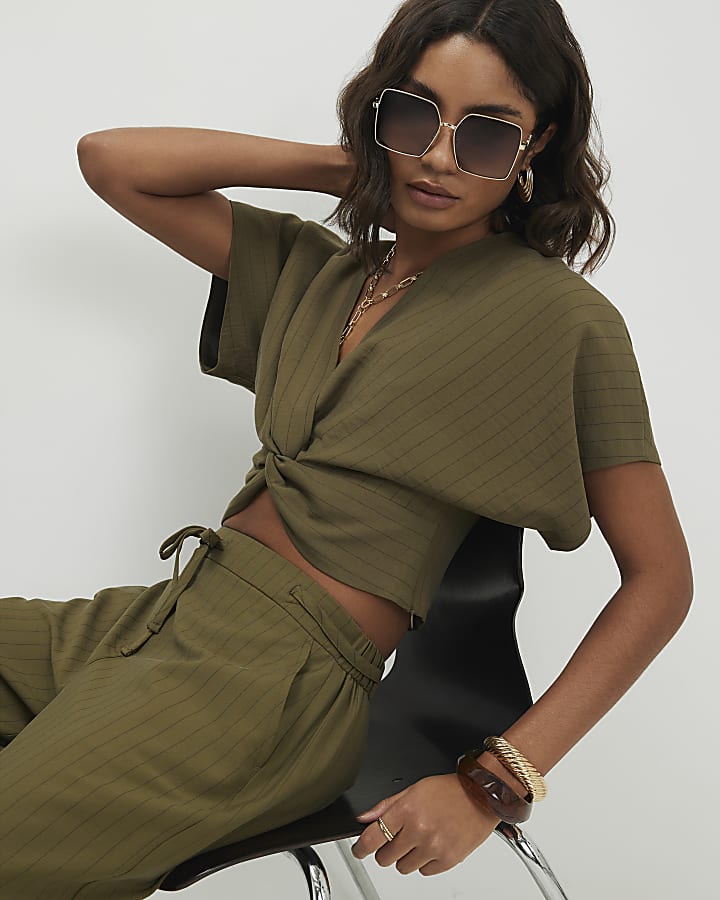 Green Stripe Knot Front Tailored Top