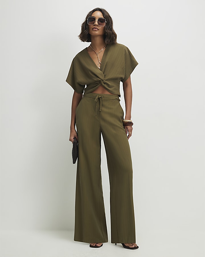 Green Stripe Knot Front Tailored Top