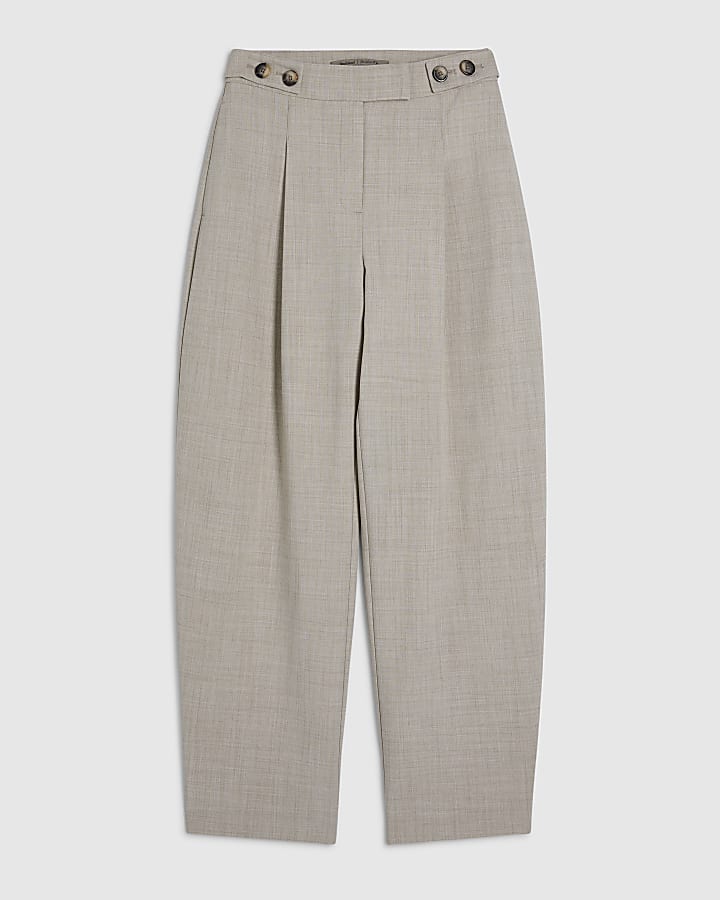 Beige Tailored Barrel Leg Trousers