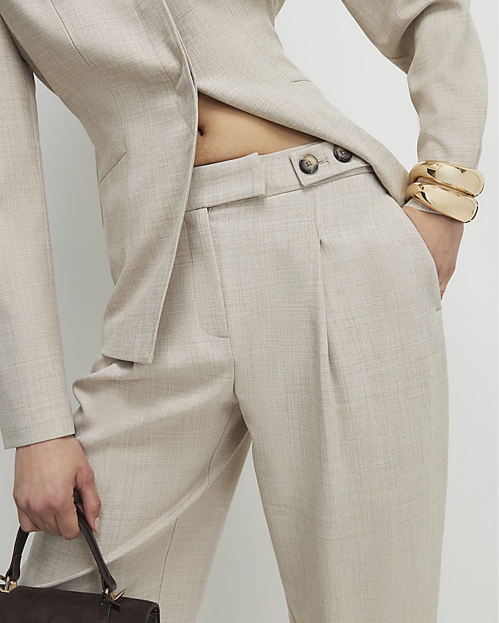 Beige Tailored Barrel Leg Trousers