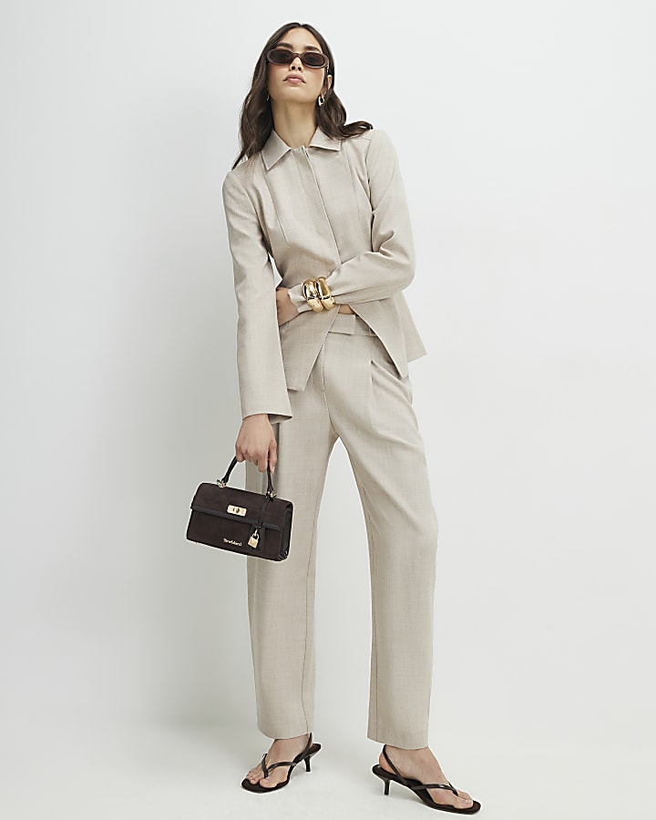 Beige Tailored Barrel Leg Trousers