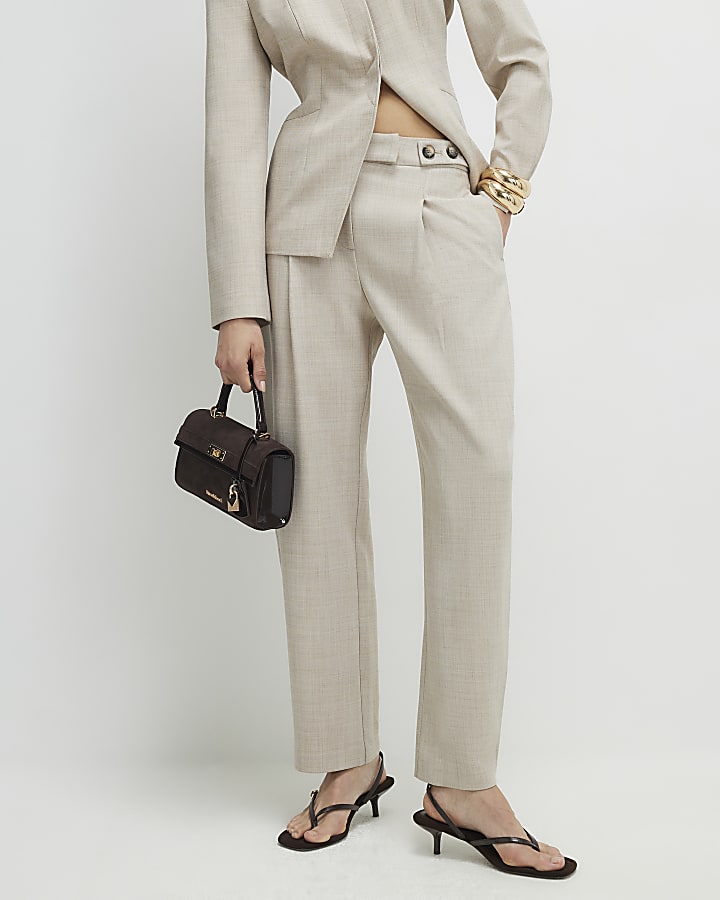 Beige Tailored Barrel Leg Trousers