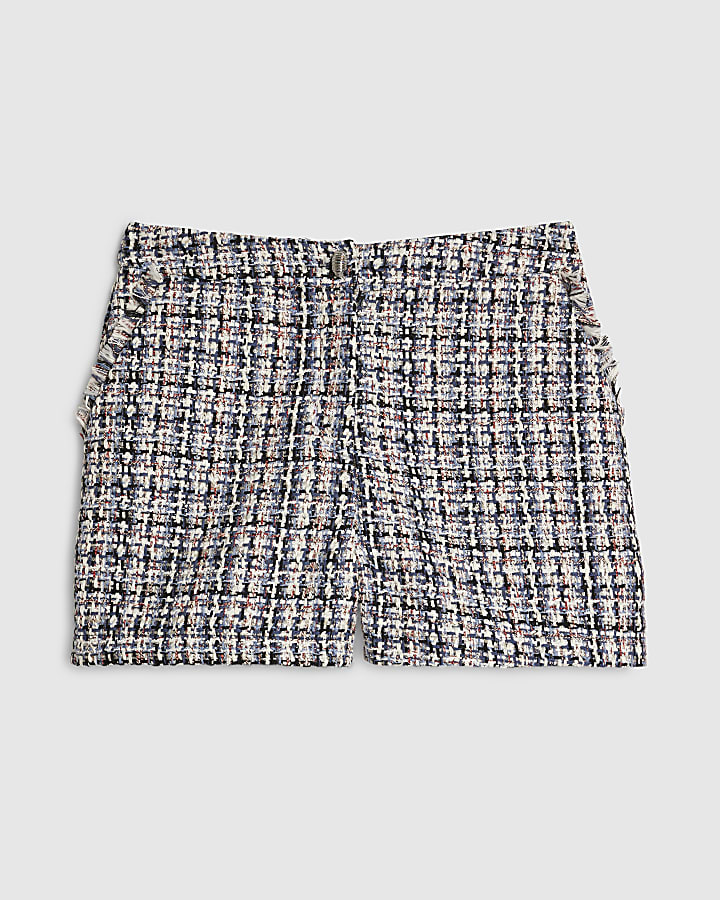 Blue Boucle Fringed Trim Shorts