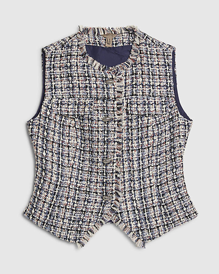 Blue Sleeveless Boucle Fringed Waistcoat