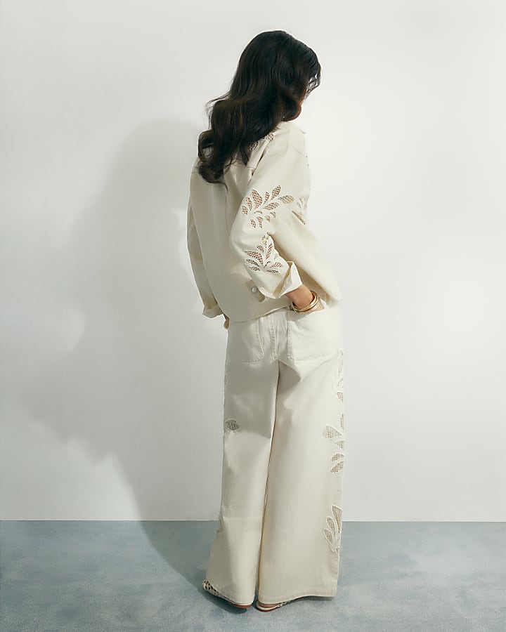 Cream Embroidered Wide Leg Jeans