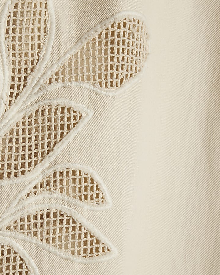 Cream Embroidered Wide Leg Jeans