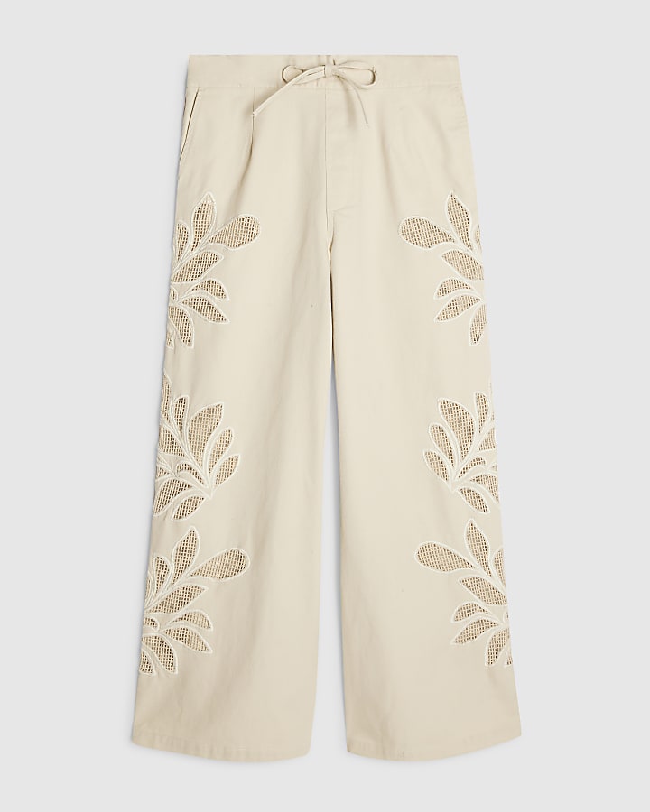Cream Embroidered Wide Leg Jeans