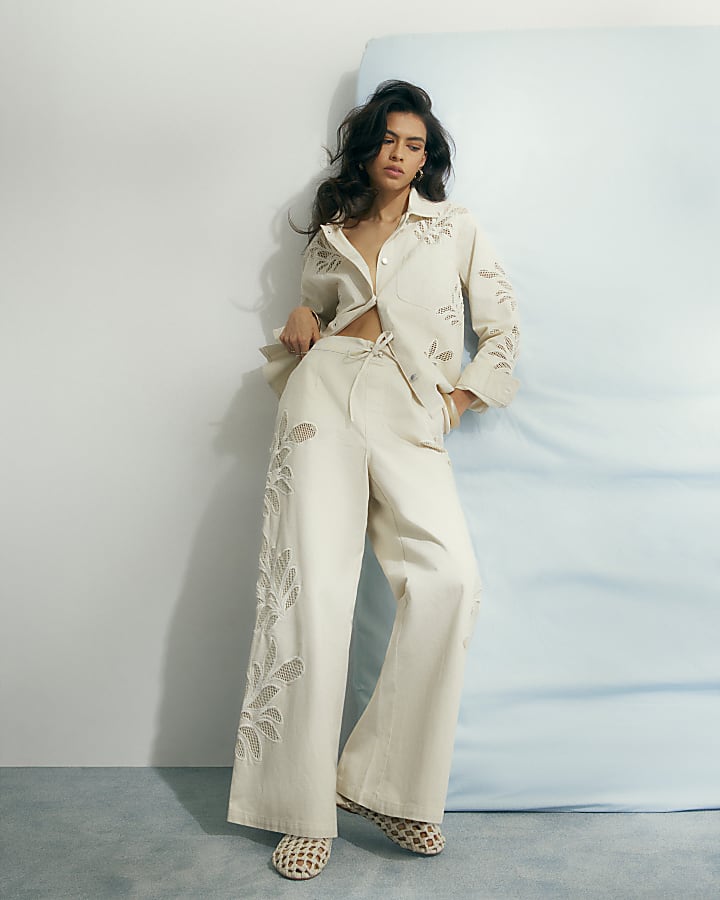 Cream Embroidered Wide Leg Jeans